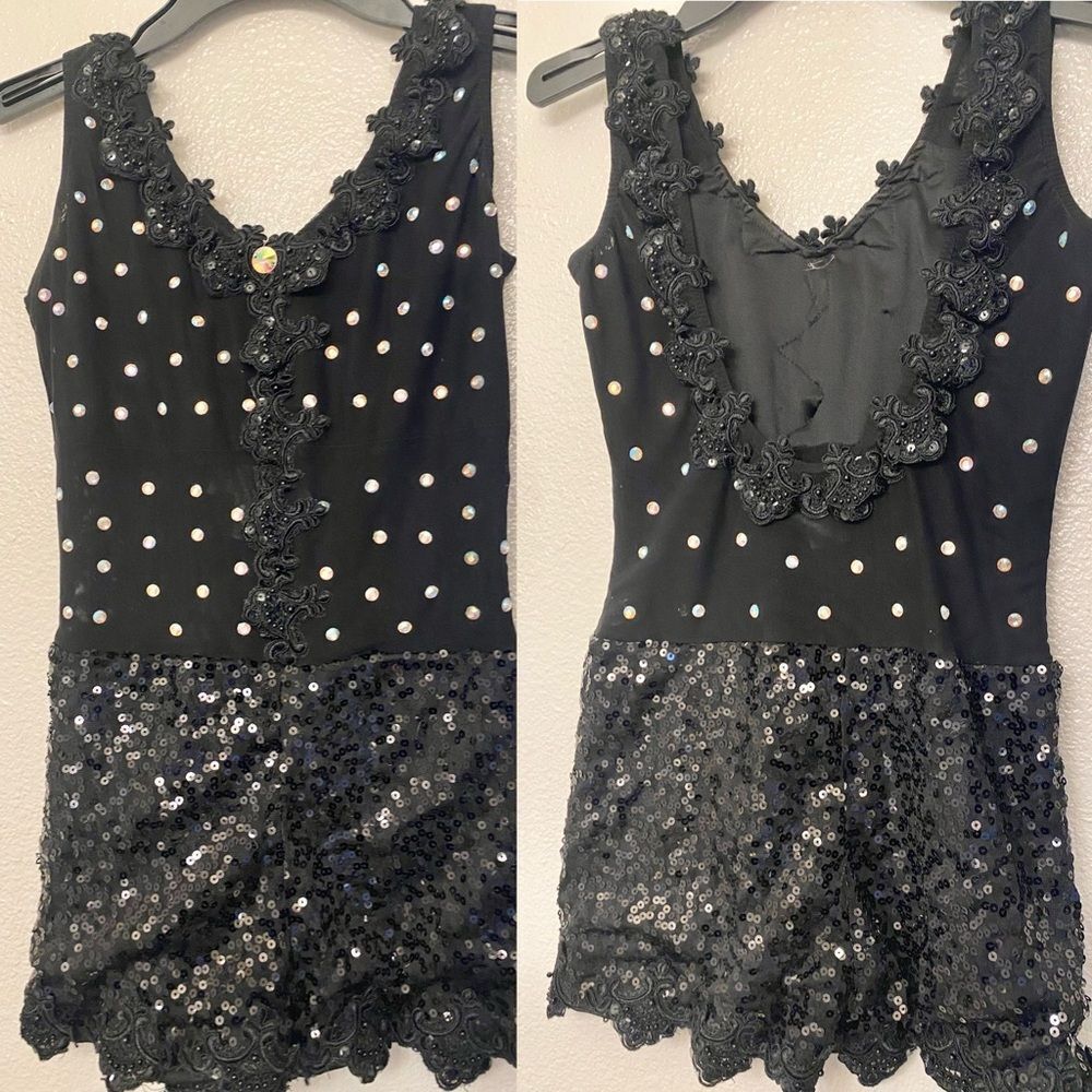 Glamour solo dance costume black mesh biketard bling bedazzled MA adult
